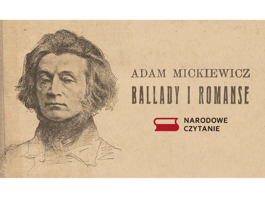 Białoczarny portret mężczyzny. Obok napis: Adam Mickiewicz Ballady i romanse.