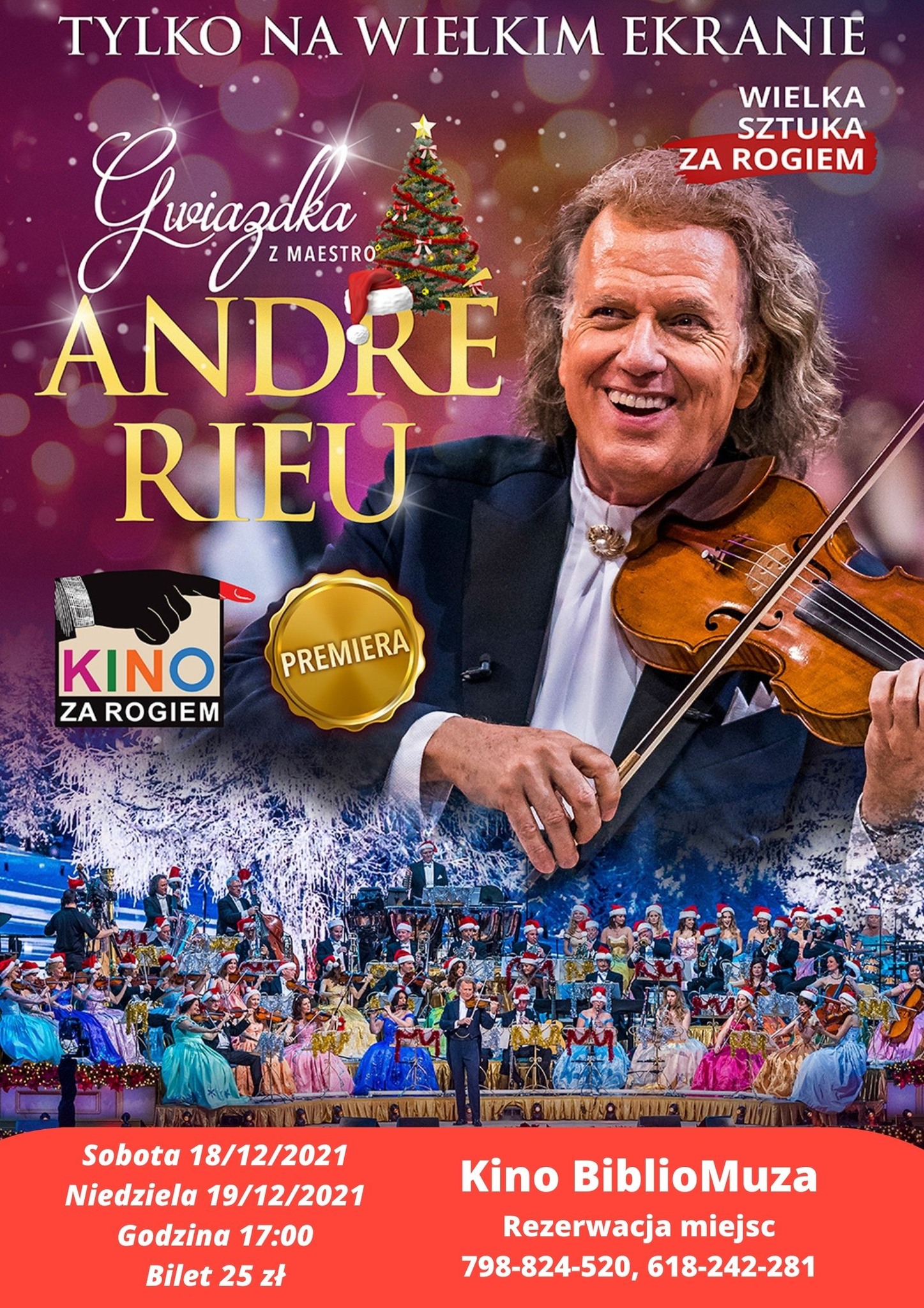 Uśmiechnięty mężczyzna w garniturze grający na skrzypcach. Obok napis: Gwiazdka z maestro Andre Rieu.