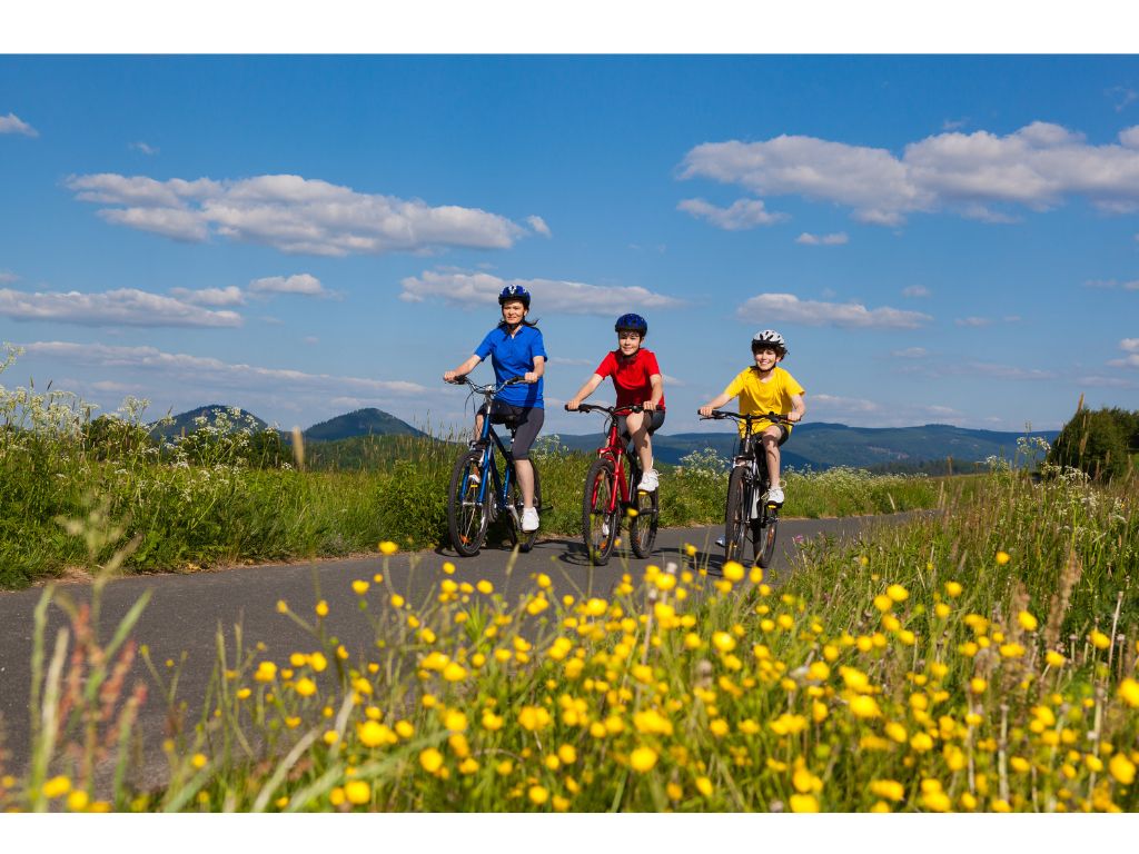 Troje dzieci w kaskach na rowerach. Wokół kwitną żółte kwiaty.
